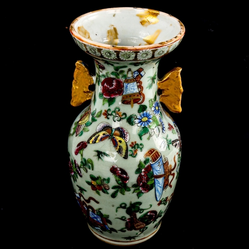 190 - A Chinese celadon porcelain vase, with painted and gilded decoration, height 21.5cm