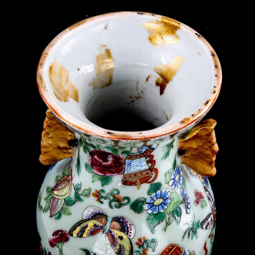 190 - A Chinese celadon porcelain vase, with painted and gilded decoration, height 21.5cm