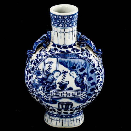 194 - A Chinese blue and white porcelain moon-shaped vase, with painted figures, height 29cm