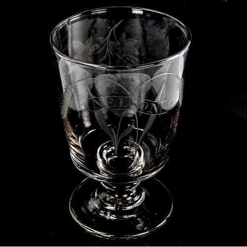 204 - A 19th century hand blown etched glass vase, inscribed Nelson, height 18cm, diameter 11.5cm