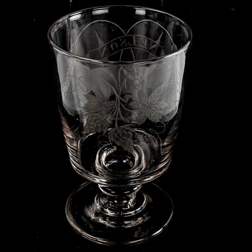 204 - A 19th century hand blown etched glass vase, inscribed Nelson, height 18cm, diameter 11.5cm