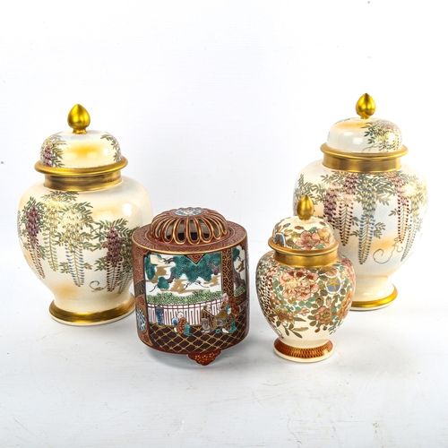 69 - A pair of Japanese Satsuma porcelain jars and covers, height 21cm, a Satsuma porcelain pot pourri po... 