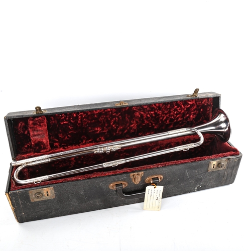 73 - Boosey & Hawkes fanfare silver plated trumpet with cast and engraved mounts, original fitted case