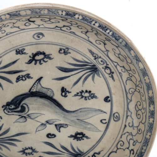 74 - A Chinese blue and white ceramic bowl, with hand painted fish design, diameter 34cm