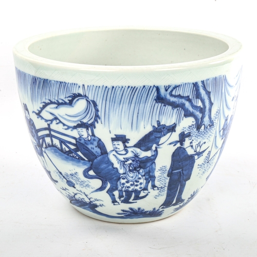 75 - A Chinese blue and white porcelain jardiniere, with hand painted figures, diameter 23.5cm, height 18... 