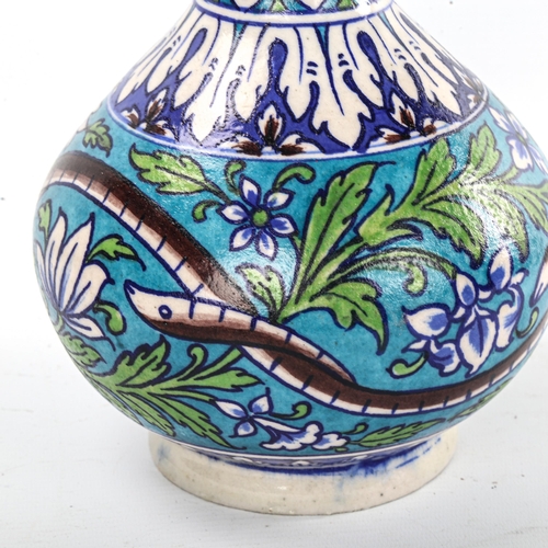 76 - Multan pottery vase, hand painted snakes and foliage, height 23cm