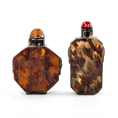 92 - 2 Antique Chinese tortoiseshell snuff bottles, with amber and red Peking glass mounted stoppers, len... 