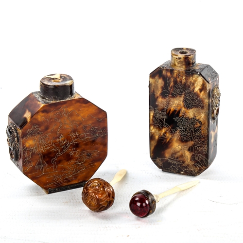 92 - 2 Antique Chinese tortoiseshell snuff bottles, with amber and red Peking glass mounted stoppers, len... 