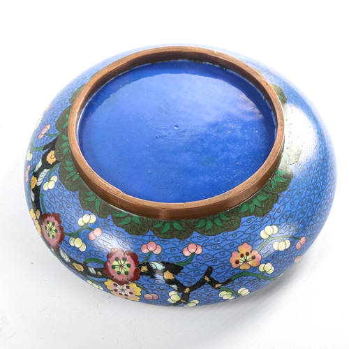 97 - A Japanese blue ground cloisonne enamel bowl, with prunus tree decoration, diameter 20cm, on wood st... 