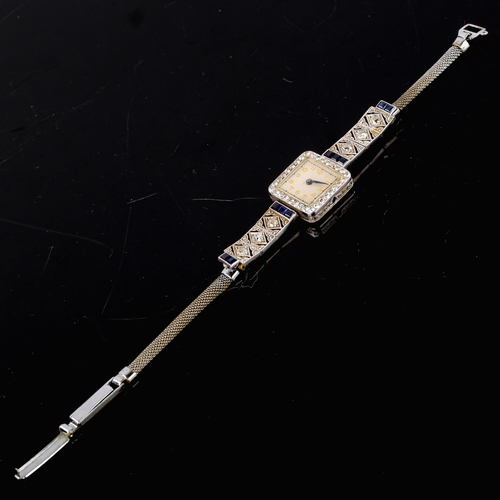 427 - A lady's Art Deco sapphire and diamond cocktail wristwatch, set with calibre cut sapphires and old a... 