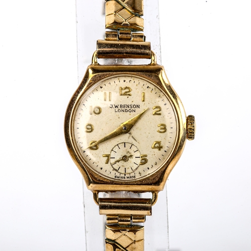 428 - J W BENSON - a lady's Vintage 9ct gold mechanical bracelet watch, ref. 87757, silvered dial with gil... 