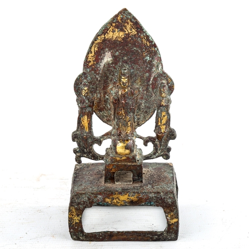 175 - A Chinese verdigris bronze shrine, surmounted by Buddha figures, height 17cm