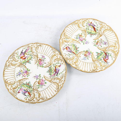 180 - A pair of 19th Continental porcelain plates, with relief-moulded hand painted and gilded exotic bird... 