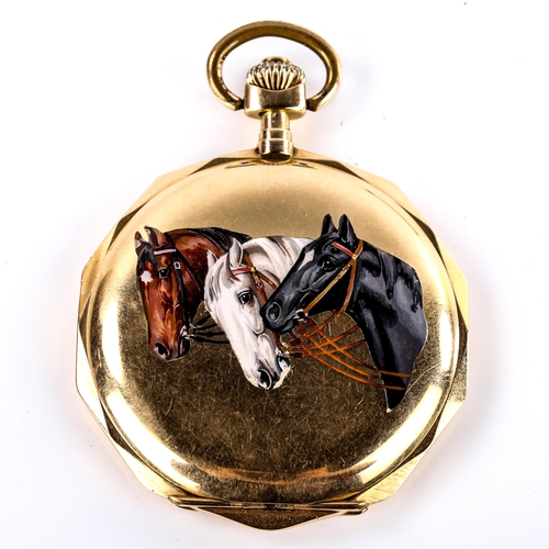 434 - An Art Deco Continental 14ct gold enamel horses full hunter pocket watch, dodecagonal form, the fron... 