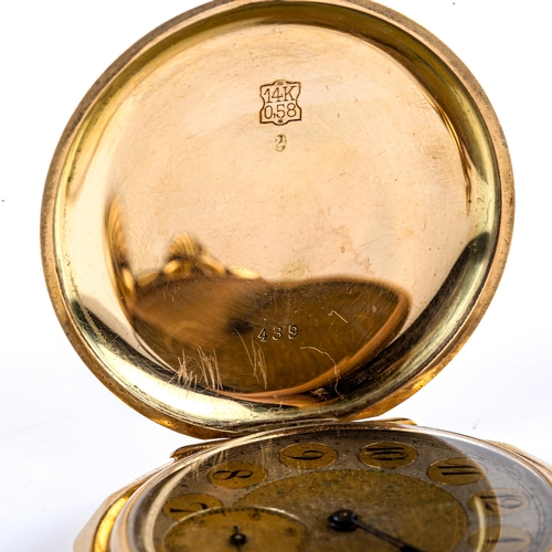 434 - An Art Deco Continental 14ct gold enamel horses full hunter pocket watch, dodecagonal form, the fron... 