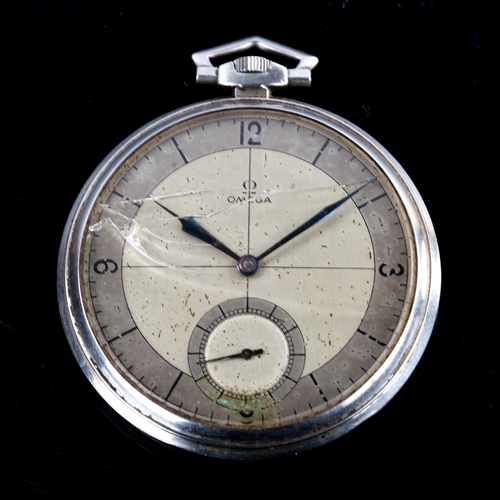 437 - OMEGA - an Art Deco stainless steel open-face keyless-wind slimline pocket watch, silvered dial with... 