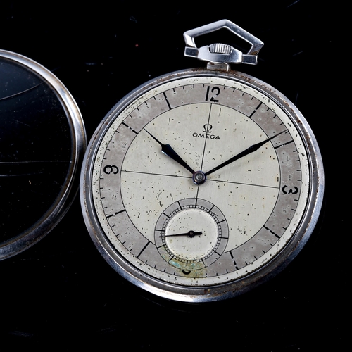 437 - OMEGA - an Art Deco stainless steel open-face keyless-wind slimline pocket watch, silvered dial with... 