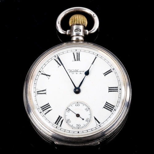 440 - WALTHAM - a silver-cased open-face keyless-wind pocket watch, white enamel dial with Roman numeral h... 