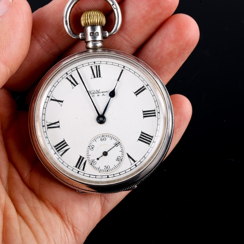 440 - WALTHAM - a silver-cased open-face keyless-wind pocket watch, white enamel dial with Roman numeral h... 