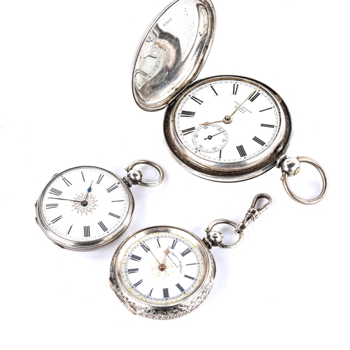 442 - 3 silver-cased key-wind pocket watches, including full hunter example by John Myers, both small watc... 