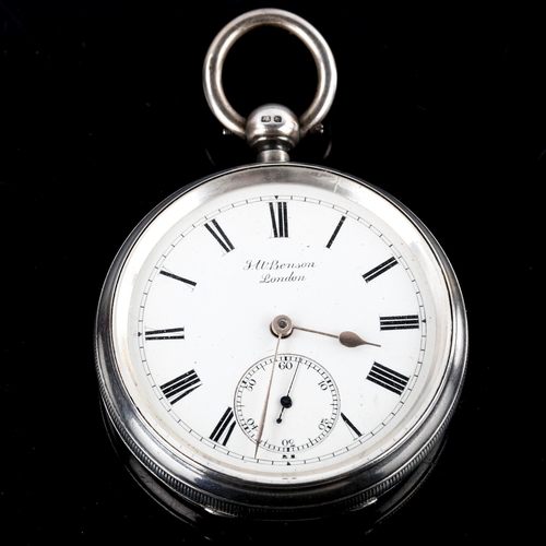 443 - J W BENSON - a late 19th century silver-cased open-face key-wind pocket watch, white enamel dial wit... 