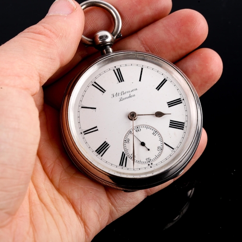 443 - J W BENSON - a late 19th century silver-cased open-face key-wind pocket watch, white enamel dial wit... 