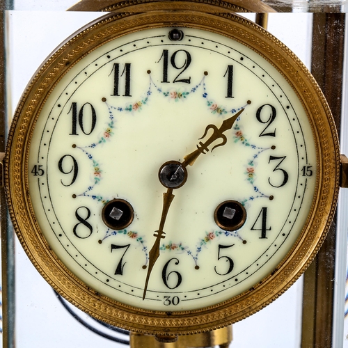 462 - An early 20th century French brass-cased 4-glass 8-day mantel clock, cream enamel dial with Arabic n... 