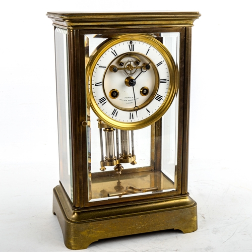 463 - An early 20th century brass-cased 4-glass 8-day mantel clock, by Payne & Co of London, white enamel ... 