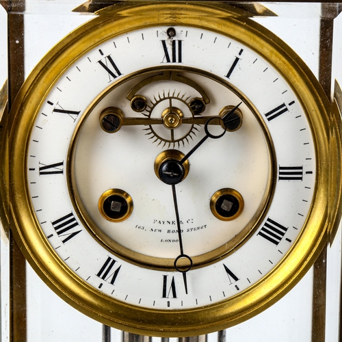 463 - An early 20th century brass-cased 4-glass 8-day mantel clock, by Payne & Co of London, white enamel ... 