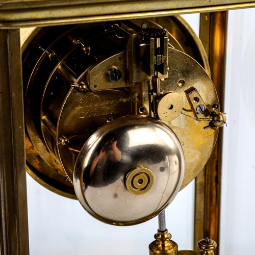 463 - An early 20th century brass-cased 4-glass 8-day mantel clock, by Payne & Co of London, white enamel ... 