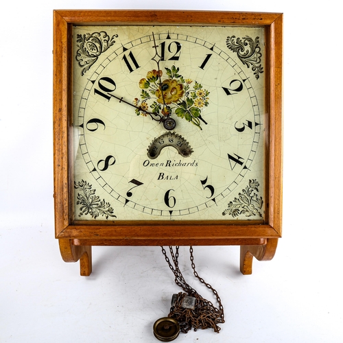 465 - A 19th century light oak-cased wall hanging clock, by Owen Richards of Bala, hand painted enamel dia... 