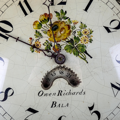 465 - A 19th century light oak-cased wall hanging clock, by Owen Richards of Bala, hand painted enamel dia... 