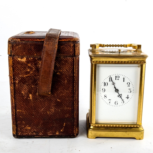 450 - A large French brass-cased repeater carriage clock, white enamel dial with Arabic numerals, blued st... 