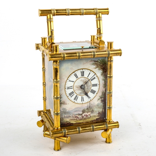 451 - A 19th century brass-cased repeating carriage clock, hand painted farmyard enamel dial with Roman nu... 