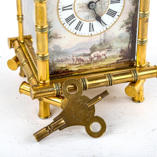 451 - A 19th century brass-cased repeating carriage clock, hand painted farmyard enamel dial with Roman nu... 