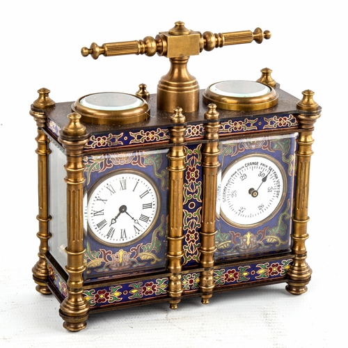 452 - A reproduction champleve enamel and brass-cased double carriage clock and barometer desk timepiece, ... 