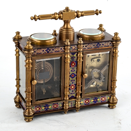 452 - A reproduction champleve enamel and brass-cased double carriage clock and barometer desk timepiece, ... 