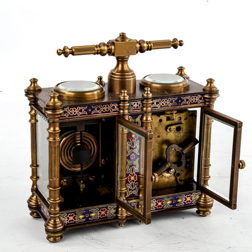 452 - A reproduction champleve enamel and brass-cased double carriage clock and barometer desk timepiece, ... 