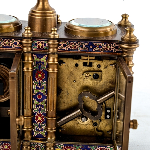 452 - A reproduction champleve enamel and brass-cased double carriage clock and barometer desk timepiece, ... 