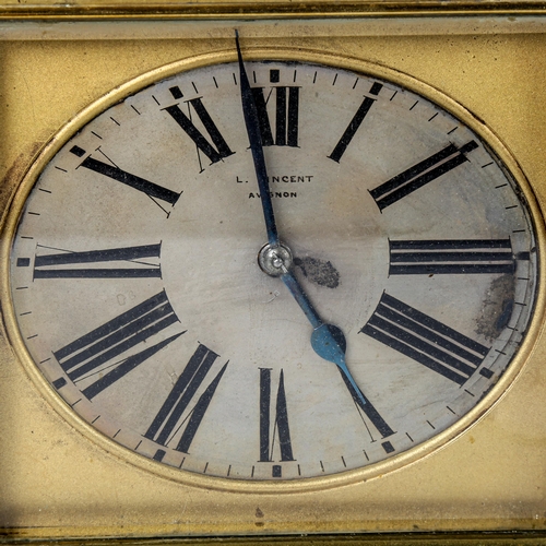 453 - A large French brass-cased carriage clock, by L Vincent of Avignon, oval silvered dial with Roman nu... 