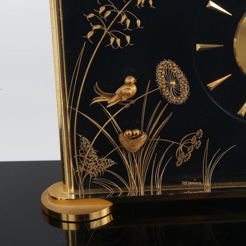 457 - JAEGER LECOULTRE - a brass-cased Marina 8-day mantel clock, gilt dial with arrowhead hour markers, b... 