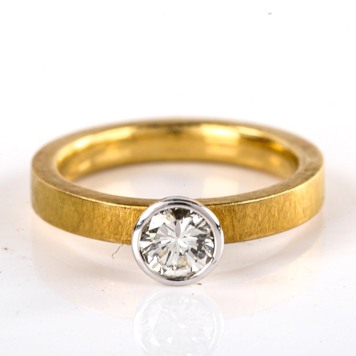 502 - A modern 18ct gold 0.5ct solitaire diamond ring, bezel set with modern round brilliant-cut diamond, ... 