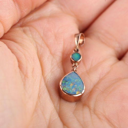 512 - A modern 9ct gold black opal drop pendant, pendant height 28.8mm, 1.4g