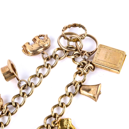 513 - A 9ct gold curb link heart padlock charm bracelet, with 10 charms, hallmarks Birmingham 1977, bracel... 