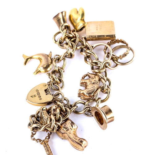 513 - A 9ct gold curb link heart padlock charm bracelet, with 10 charms, hallmarks Birmingham 1977, bracel... 