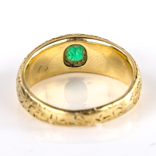 518 - An Antique unmarked high carat gold greenstone gypsy ring, old European-cut stone with ornate engrav... 