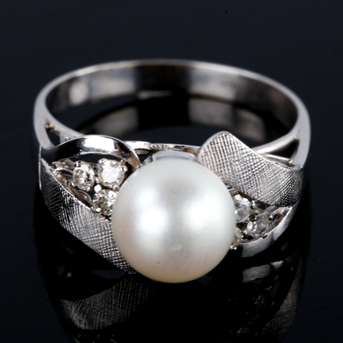 520 - A late 20th century 14ct white gold whole cultured pearl and diamond dress ring, possibly Mikimoto, ... 