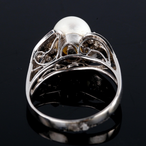 520 - A late 20th century 14ct white gold whole cultured pearl and diamond dress ring, possibly Mikimoto, ... 