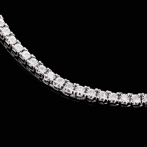 543 - A modern sterling silver diamond tennis line bracelet, illusion set with single-cut diamonds, total ... 