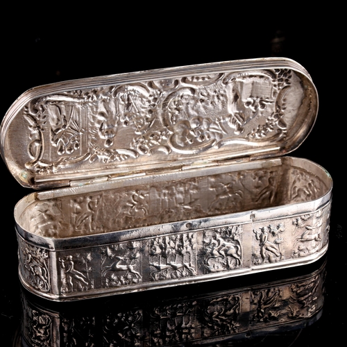 548 - A 19th century Dutch silver tobacco box, allover relief embossed village and hunting scenes, length ... 